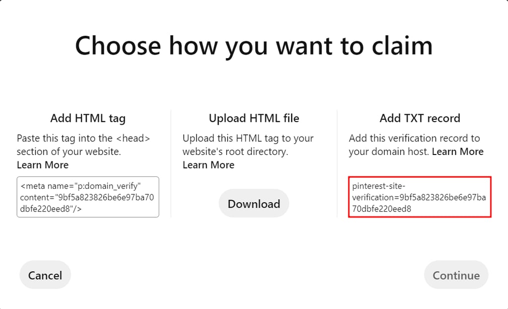 The Choose how you want to claim screen on Pinterest with the Add TXT record code highlighted