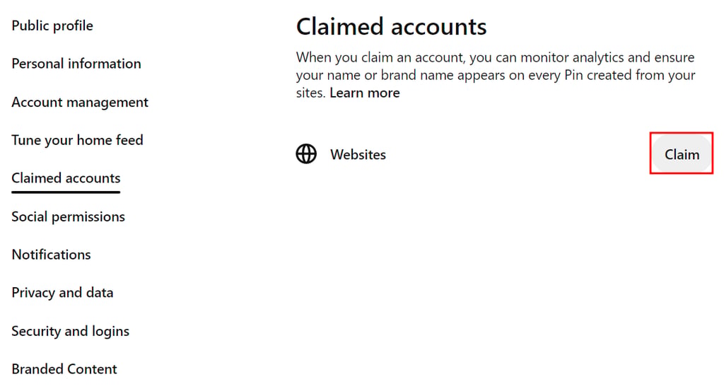 The Claimed accounts screen on Pinterest with the Claim button highlighted