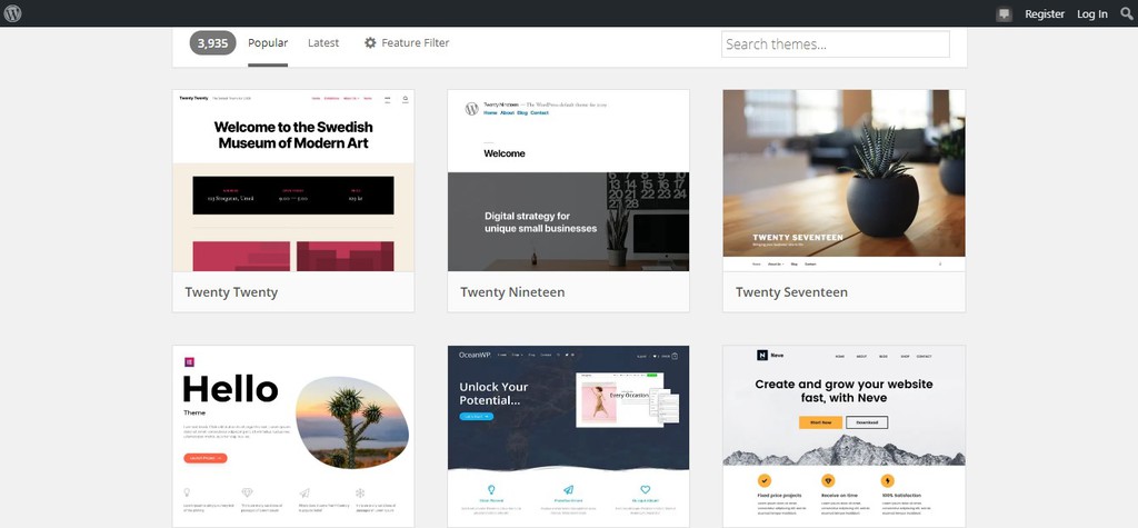 Screenshot of WordPress themes page