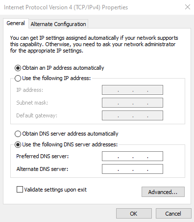 The Internet Protocol Version 4 (TCP/IPv4) Properties tab on Windows
