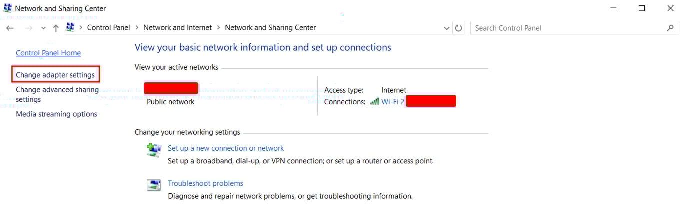 The Network and Sharing Center section on Windows, with Change adapter settings highlighted in red