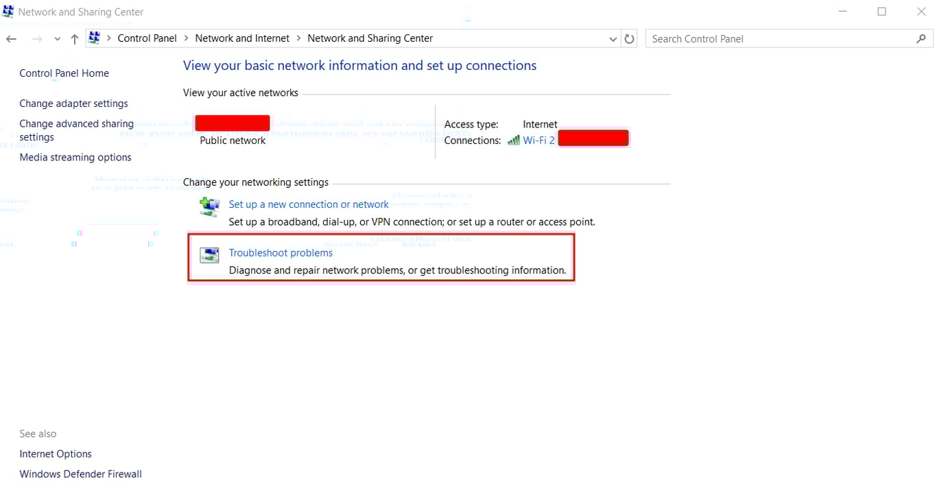 The Network and Sharing Center section on Windows, with Troubleshoot problems highlighted in red