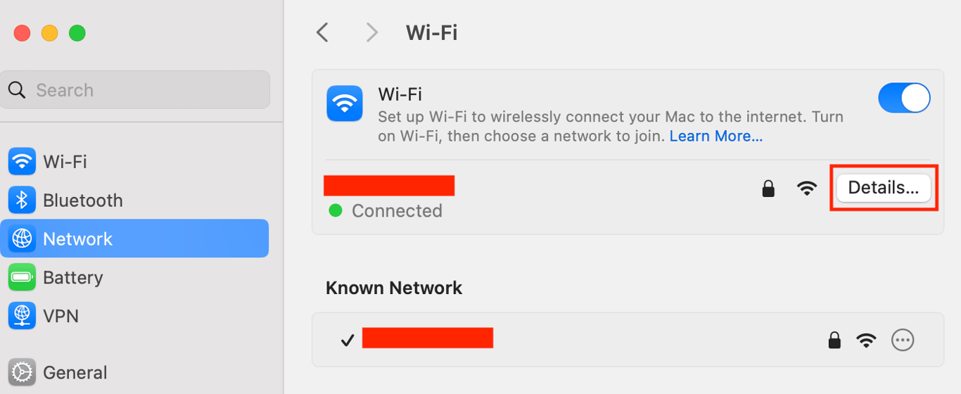 The Wi-Fi settings on macOS with the Details button highlighted in red