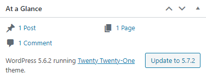 WordPress At a Glance admin widget offering to update its current version.