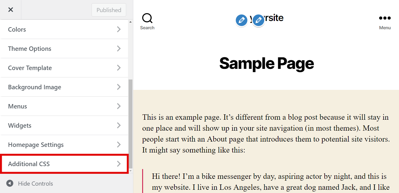 Additional CSS section in the editor panel. 