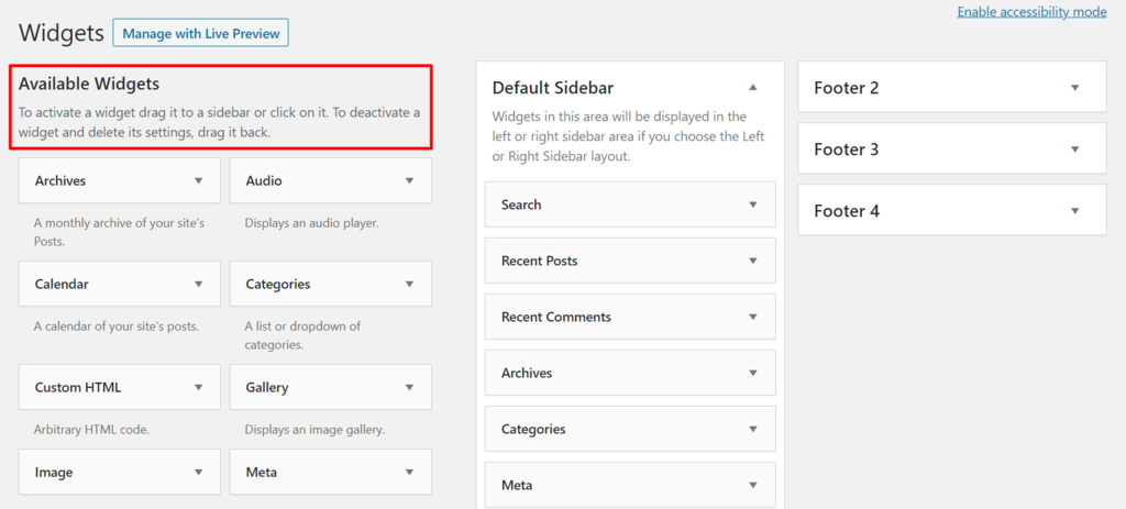 Widgets menu in WordPress dashboard 