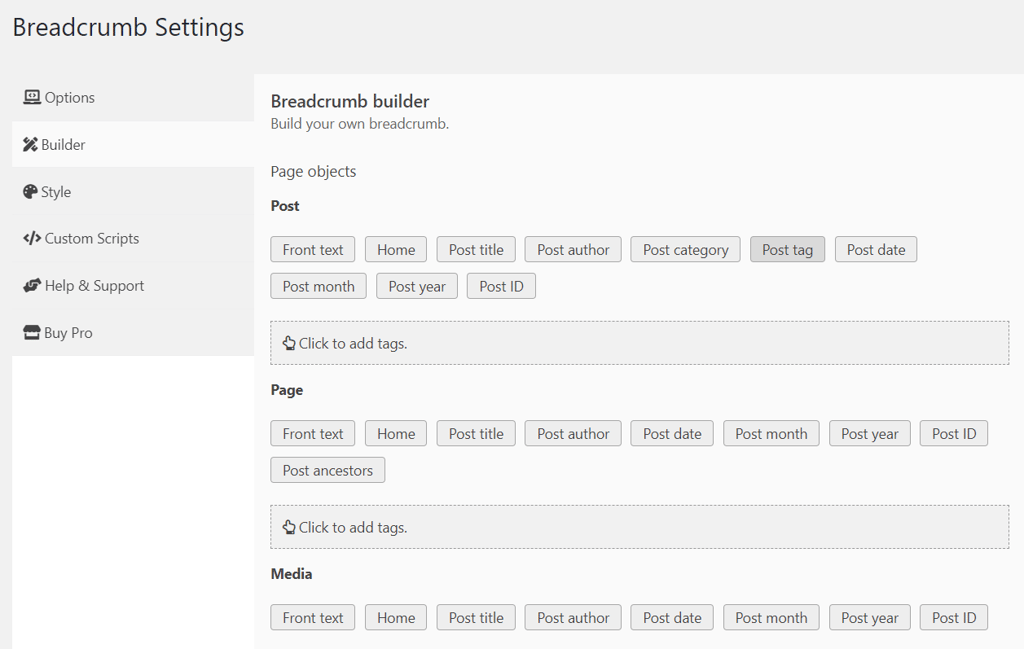Breadcrumb builder tab in breadcrumb settings