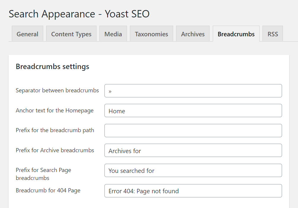 Search appearance settings in Yoast SEO for breadcrumbs