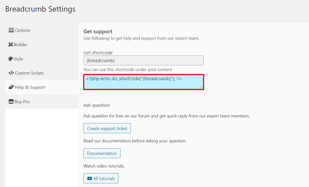 Inserting breadcrumb shortcode in help and support tab