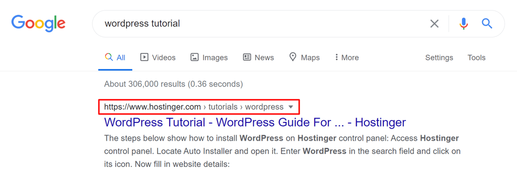 Google's result page highlighting an article's breadcrumbs