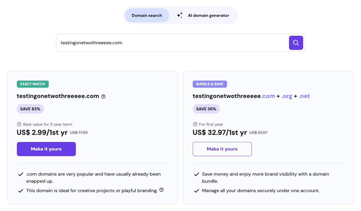Hostinger domain search, showing two pricing options