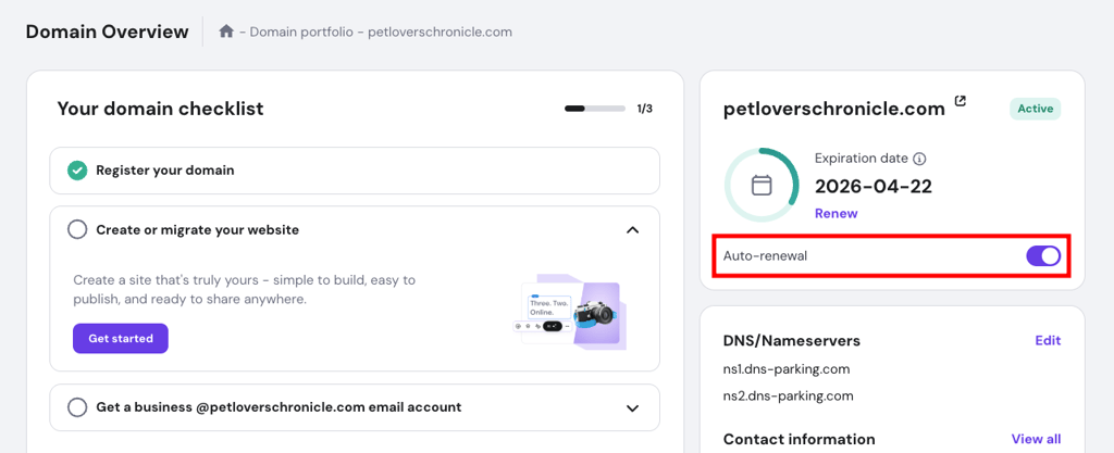 Domain overview page in hPanel, highlighting the auto-renewal option