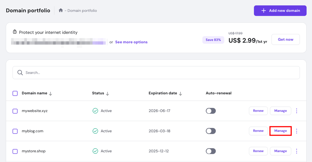 Domain portfolio page in hPanel, highlighting the Manage button
