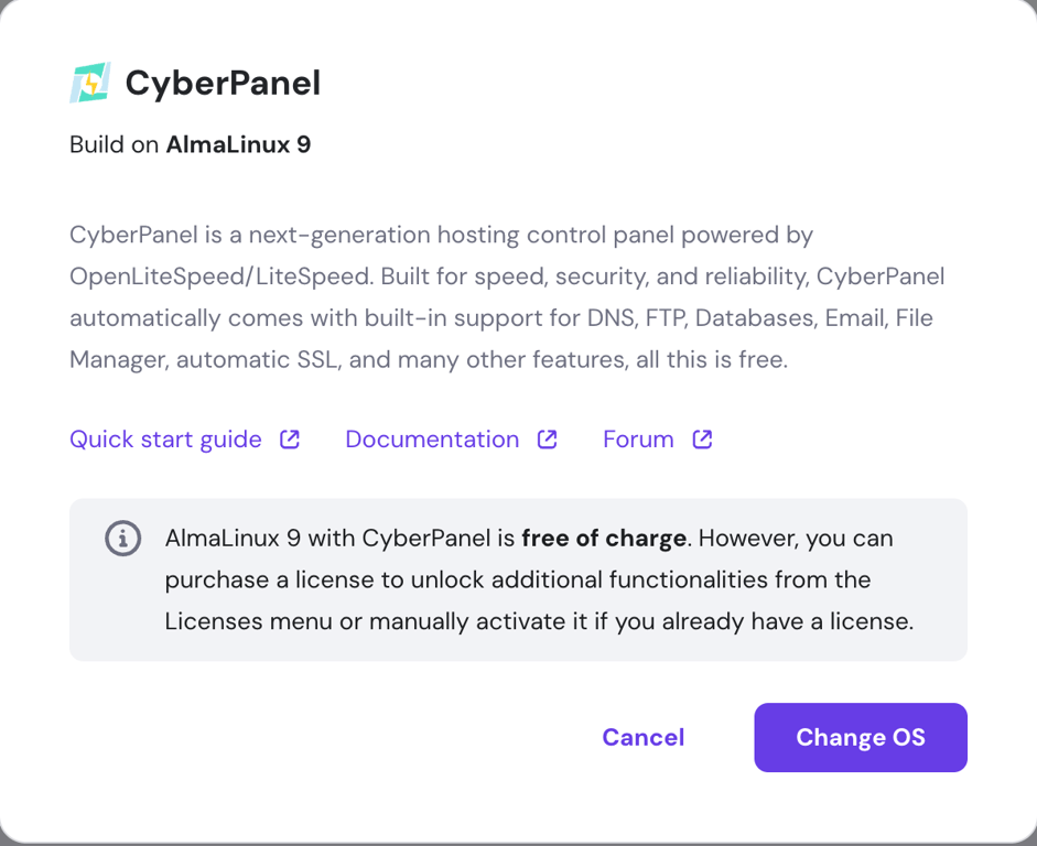 The Cyberpanel VPS temlpate installation menu on hPanel