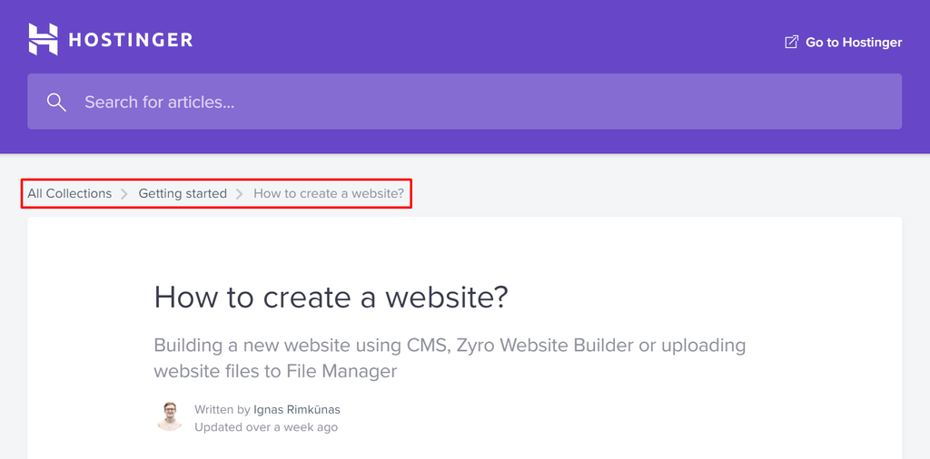 Hostinger's Knowledge Base, highlighting the breadcrumbs at the top of the page