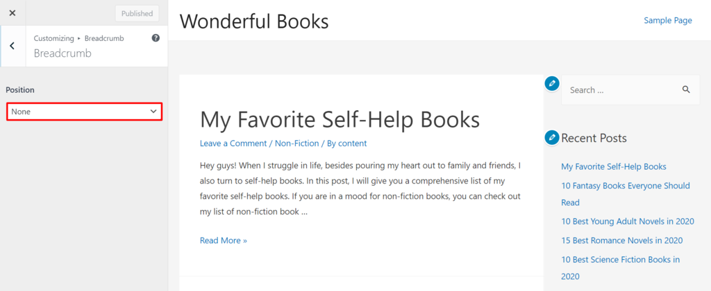 Drop-drown menu in the breadcrumb tab for placing the breadcrumb's position 