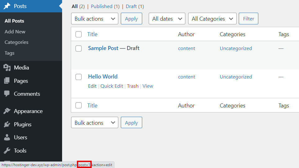 WordPress dashboard, highlighting the post ID.