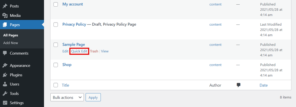 WordPress pages section, highlighting the Quick Edit button.