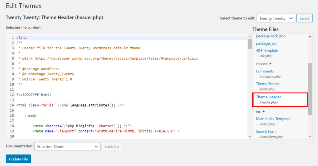 A screenshot showing how to edit the header.php file
