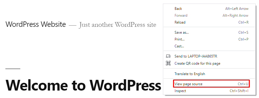 Web browser screenshot showing where to find View page source option. 