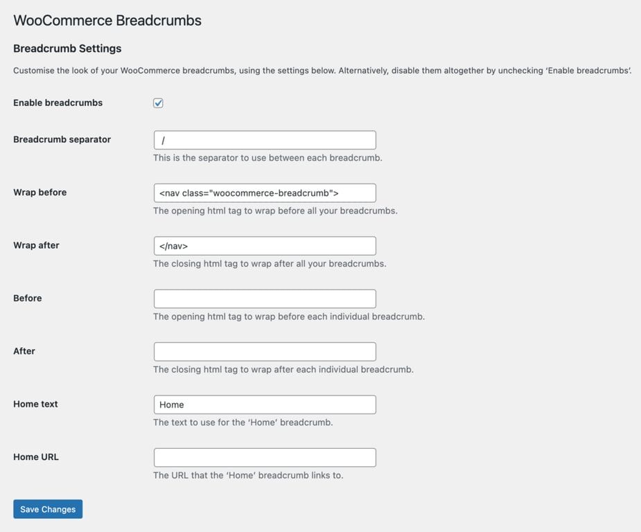 WooCommerce breadcrumb settings 