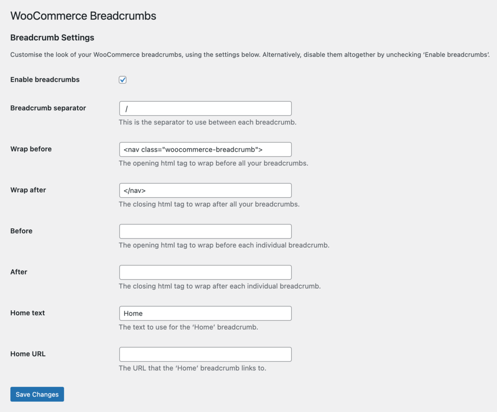 WooCommerce breadcrumb settings