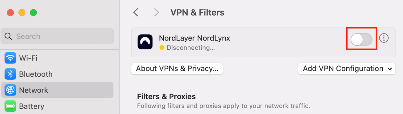 The VPN & Filters settings on macOS, with the toggle button highlighted in red