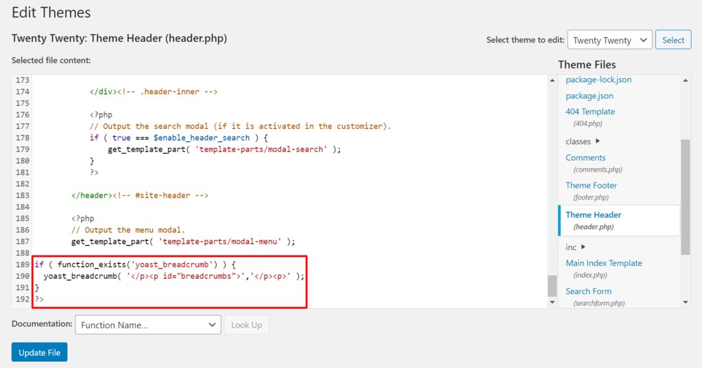 A screenshot showing how to insert the code snippet for Yoast breadcrumb