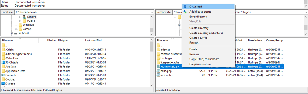 A screenshot from FileZilla showing how to download your plugin