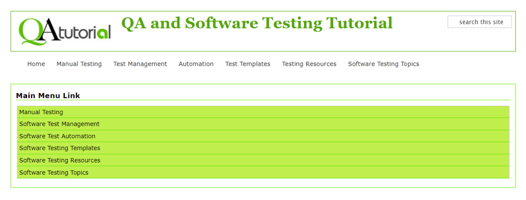 QATutorial website homepage