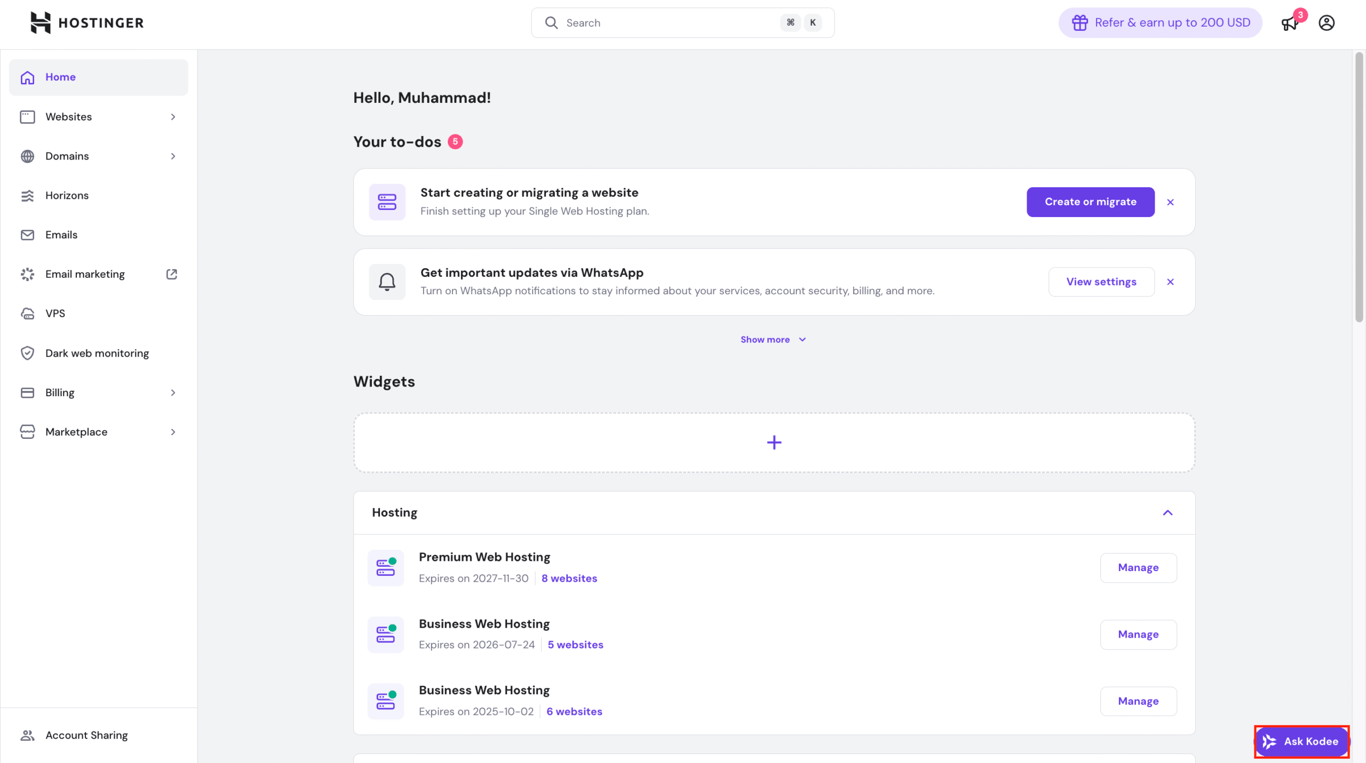 The Ask Kodee button in the Hostinger's hPanel interface