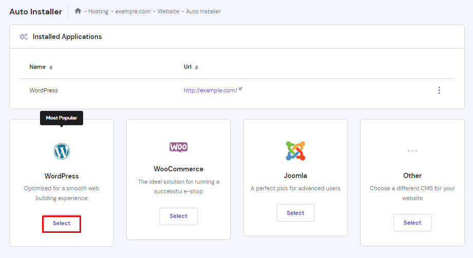 The Auto Installer menu on hPanel with the Select button highlighted