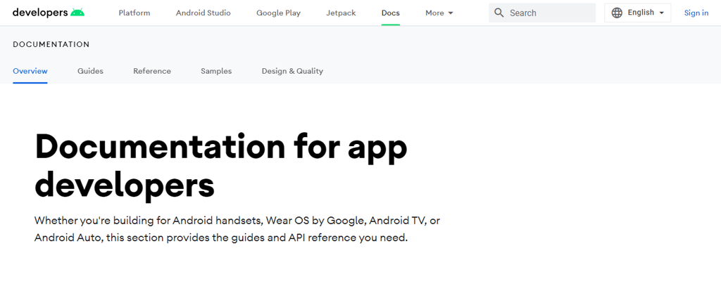 The Documentation page on the Android Developers website