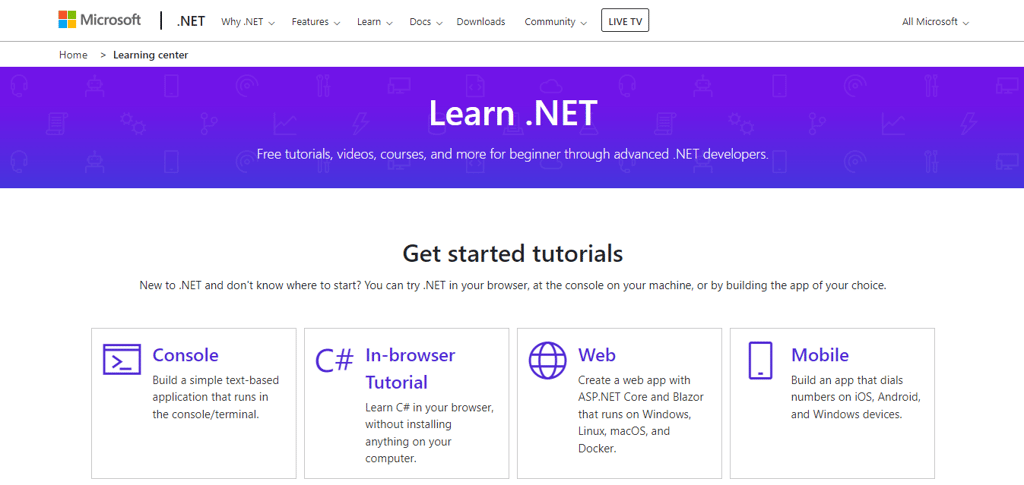 The Learn .NET page on the Microsoft website