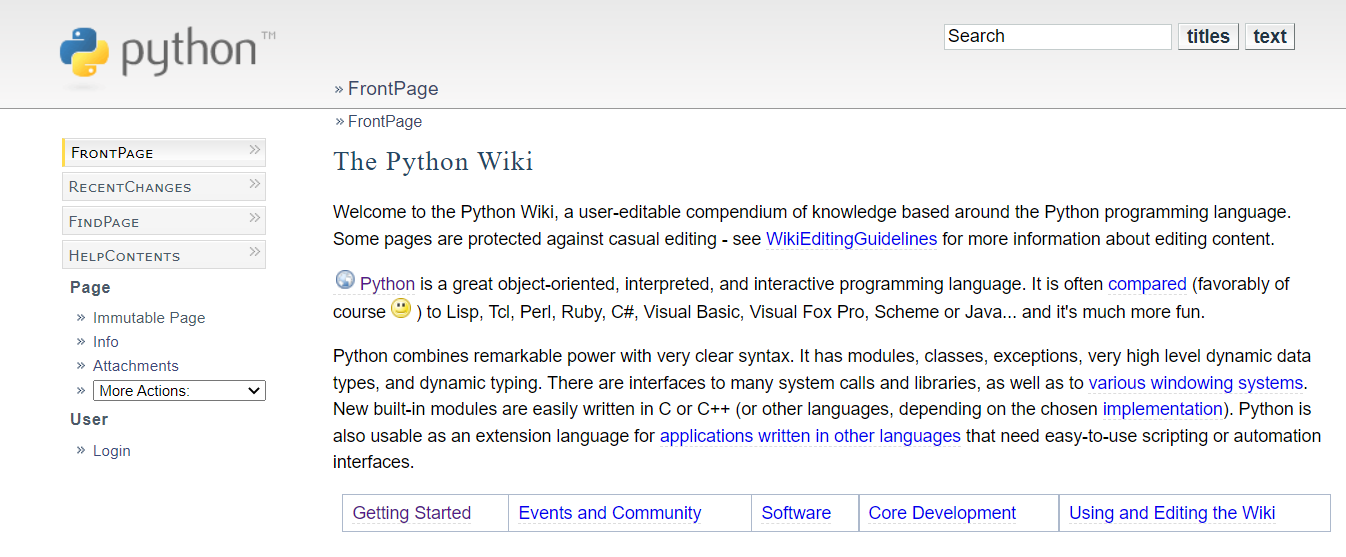 The Python Wiki website FrontPage
