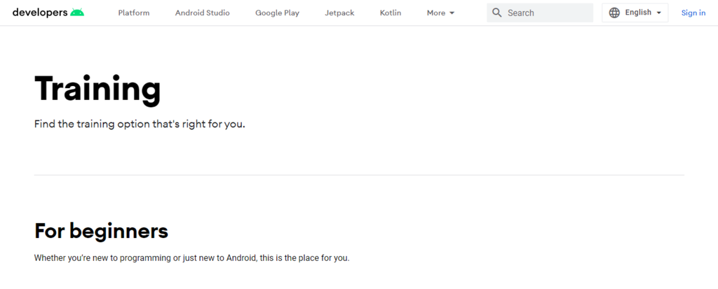 The Training Courses page on the Android Developers website