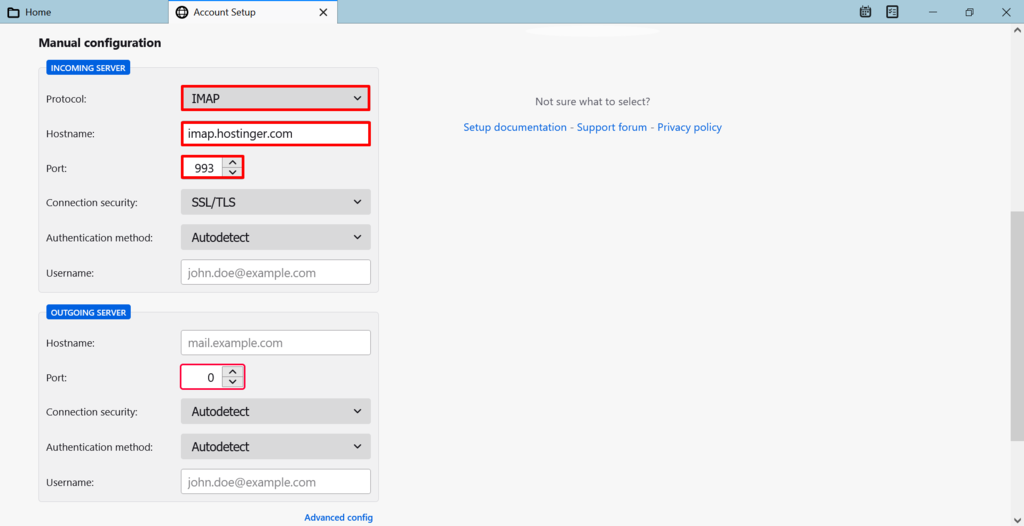 Screenshot from the Thunderbird's account setup showing how to choose IMAP.
