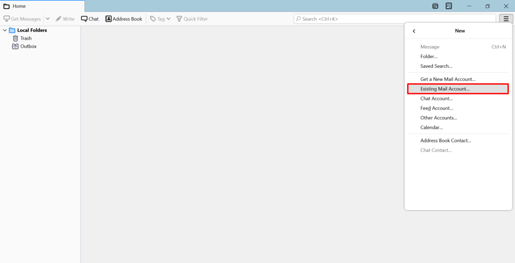Screenshot from Thunderbird showing where to find the Existing Mail Account option.