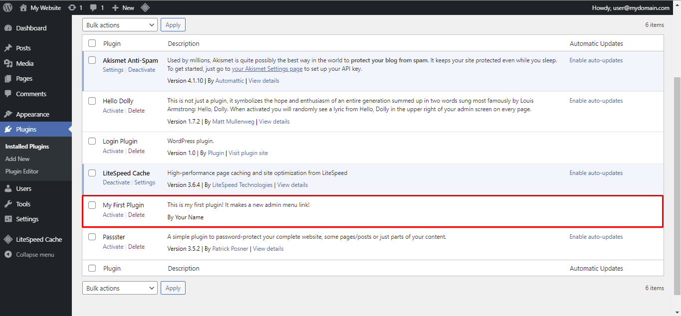 A screenshot from the WordPress dahboard showing where to find your plugin