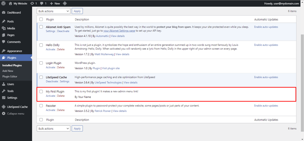 A screenshot from the WordPress dahboard showing where to find your plugin