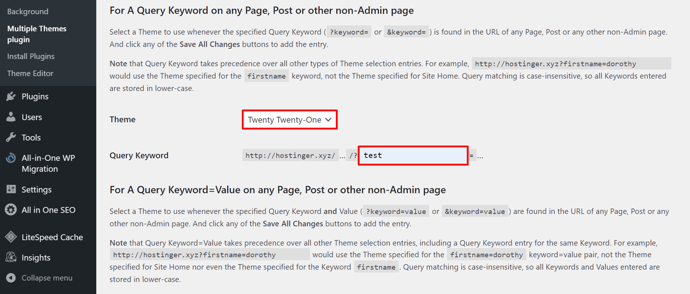 A screenshot from the Multiple Themes plugin's dashboard showing examples of the theme - Twenty Twenty-One, and query keyword - test,