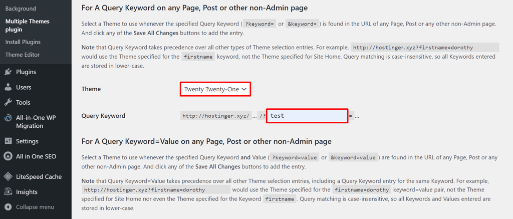 A screenshot from the Multiple Themes plugin's dashboard showing examples of the theme - Twenty Twenty-One, and query keyword - test,