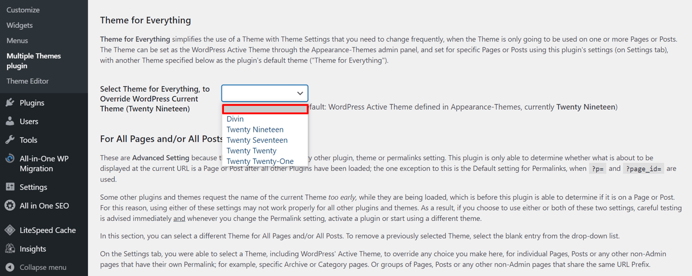 Selecting the blank option in the Multiple Themes plugin's settings.