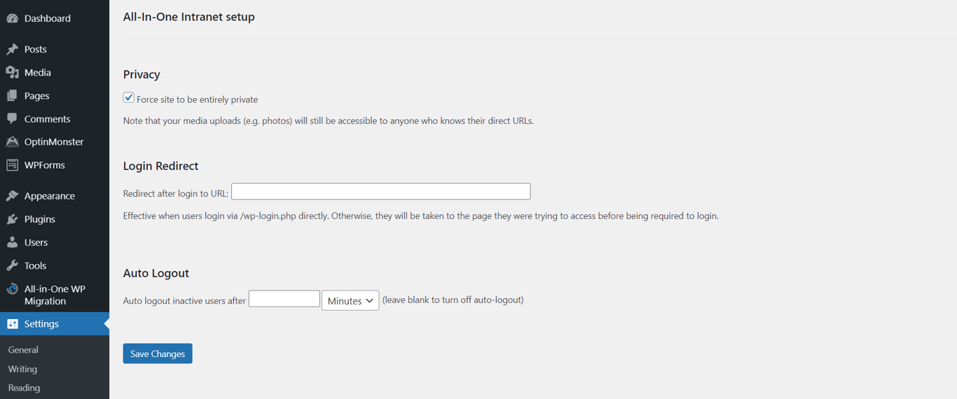 All-In-One Intranet plugin settings