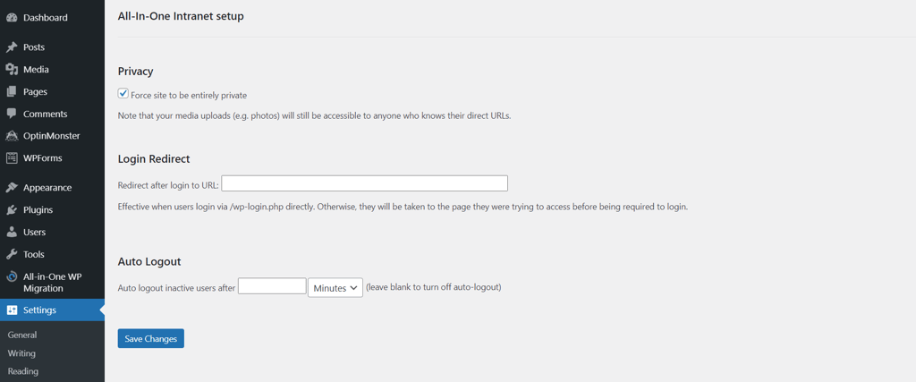 All-In-One Intranet plugin settings