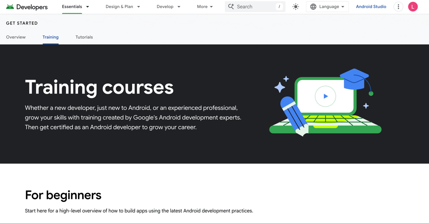 The Training Courses page on the Android Developers website