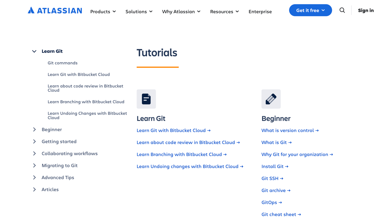 The Git Tutorials and Training page on the Atlassian website