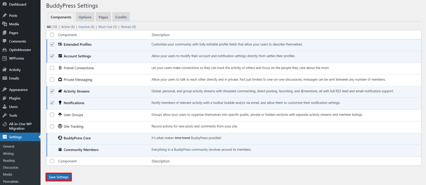 BuddyPress Components settings