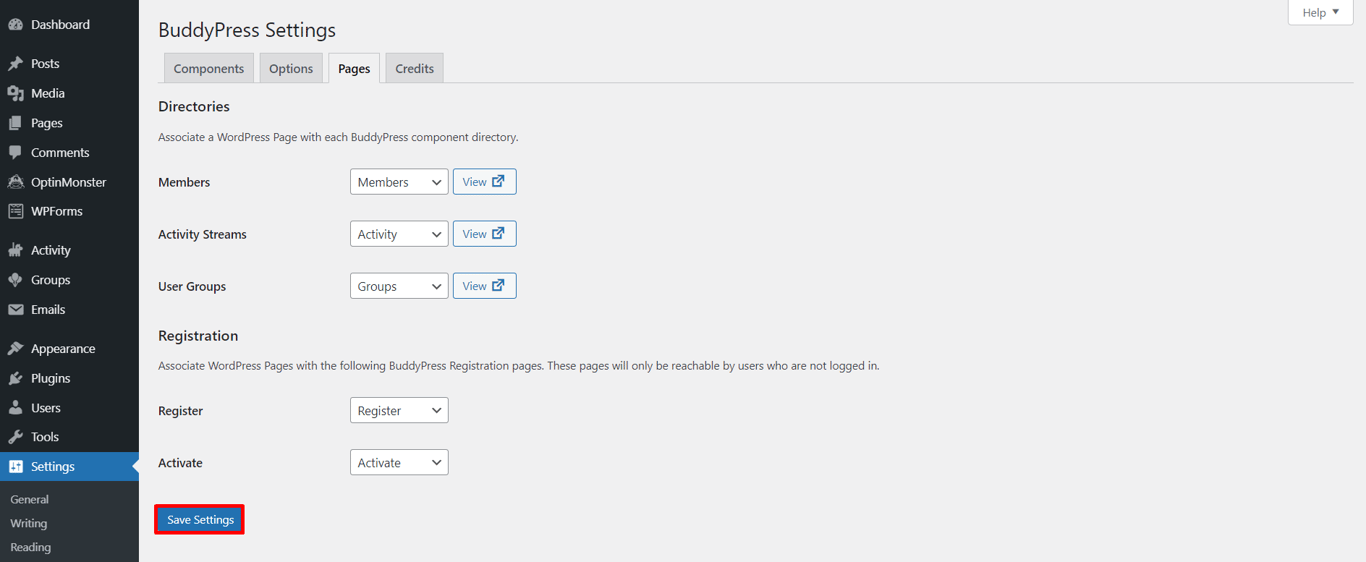 BuddyPress pages settings