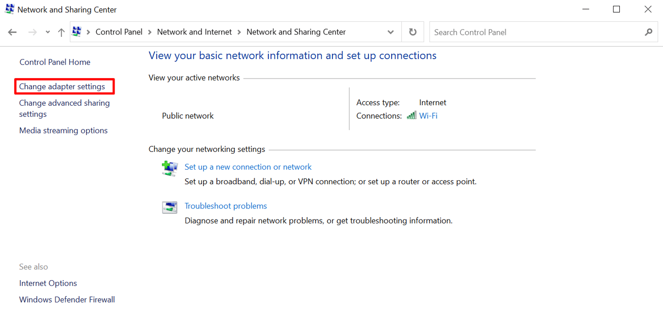 Changing adapter settings on Windows.